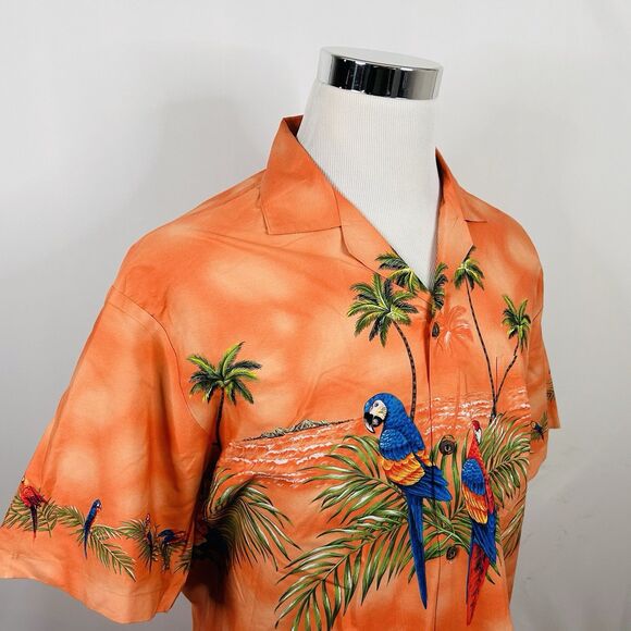 Ky's Large Vintage USA Made Hawaiian Aloha Shirt Parrots Palm Trees Orange - Picture 1 of 4